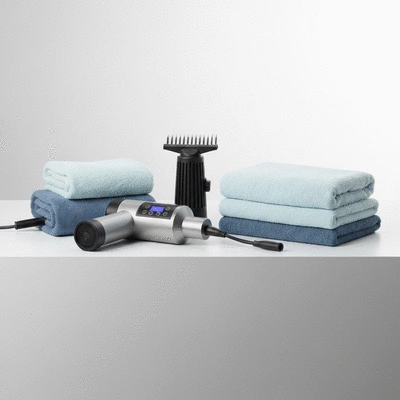 Assortment of dog grooming tools including a high-velocity dryer and microfiber towels, neatly arranged