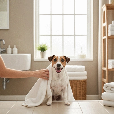 Happy dog being towel-dried after a bath