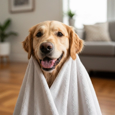 Dog being gently dried with a microfiber towel after a bath, looking happy and clean