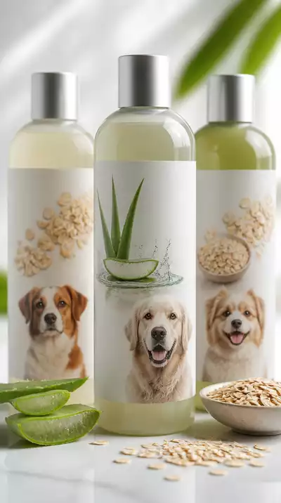 Bottles of natural dog shampoo with aloe vera and oatmeal