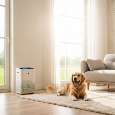 Modern air purifier running in a clean living room with a happy dog relaxing on a rug nearby, no text, no words, no typography, 8K