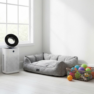 Clean home interior with a dog bed and air purifier