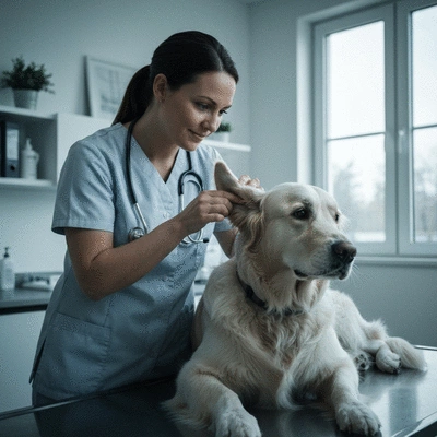 Veterinarian examining a dog's ear for odor issues