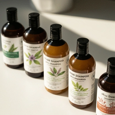 Close-up of various dog shampoo bottles with natural ingredients