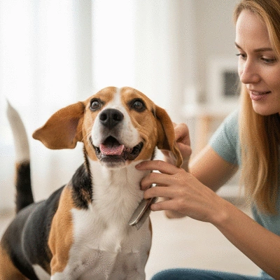 Happy dog being brushed by owner