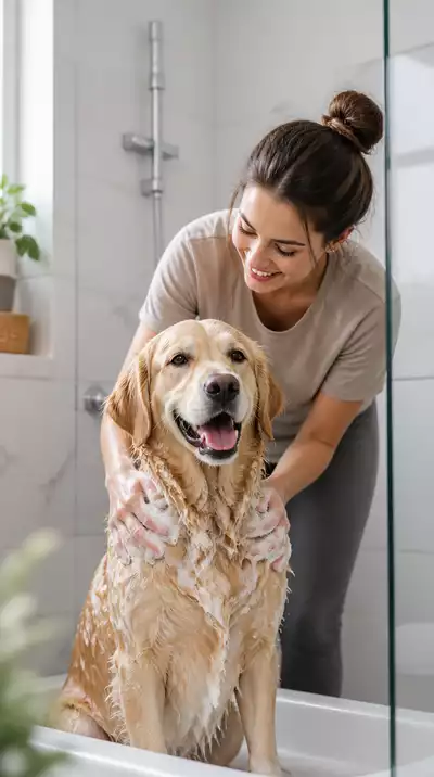 Happy dog being bathed by owner