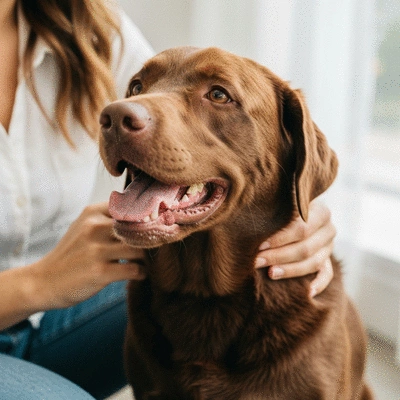 Happy dog being gently groomed by owner, close up, soft lighting
