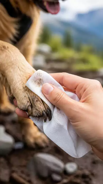 Dog getting paws cleaned with a dog wipe after a muddy hike