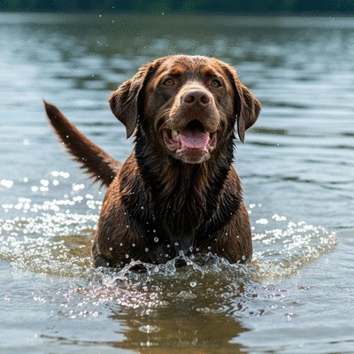 Happy dog with a clean, well-groomed coat playing by a lake