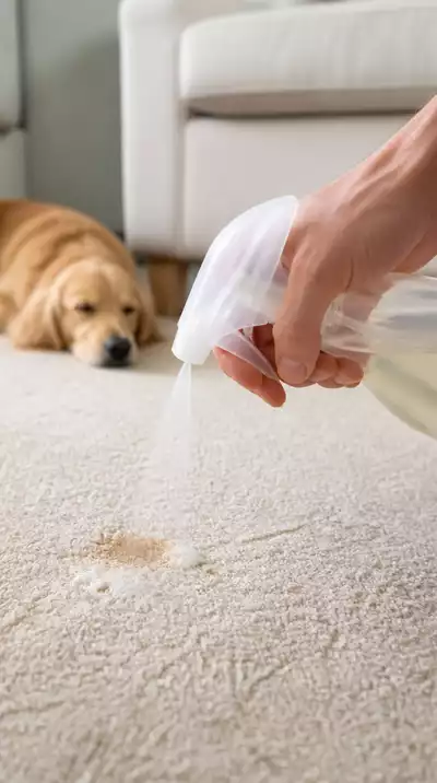 Person using an enzyme cleaner spray on a pet stain on the carpet
