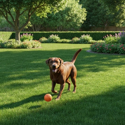 Happy dog playing in a clean, well-maintained yard