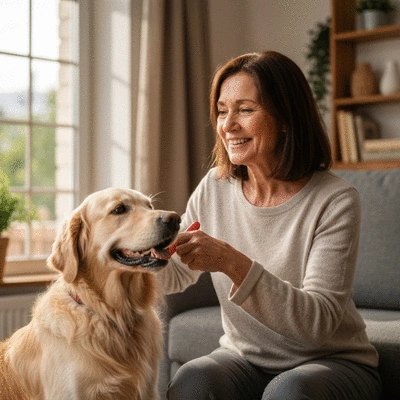 Owner happily brushing their dog's fur at home, showing bonding