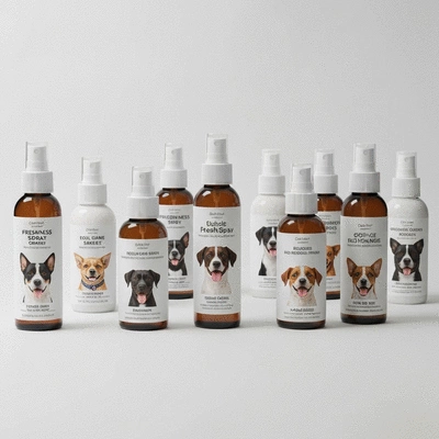 Assortment of dog freshness spray bottles on a clean background