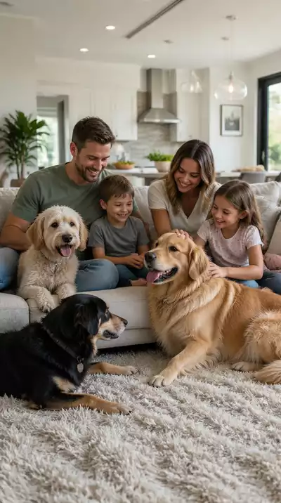 Happy family with multiple dogs in a clean, fresh-smelling home