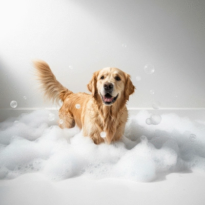 Dog getting a bath with shampoo