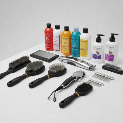 A variety of dog grooming tools neatly laid out on a clean surface