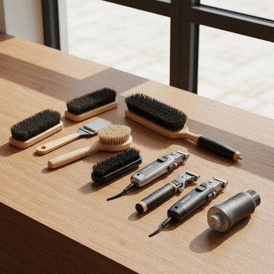 Various grooming tools neatly arranged on a clean wooden surface