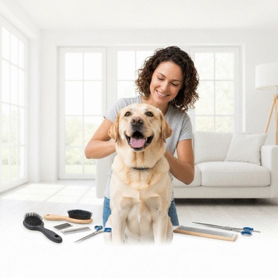Happy dog being groomed by owner with grooming tools in a clean, well-lit space