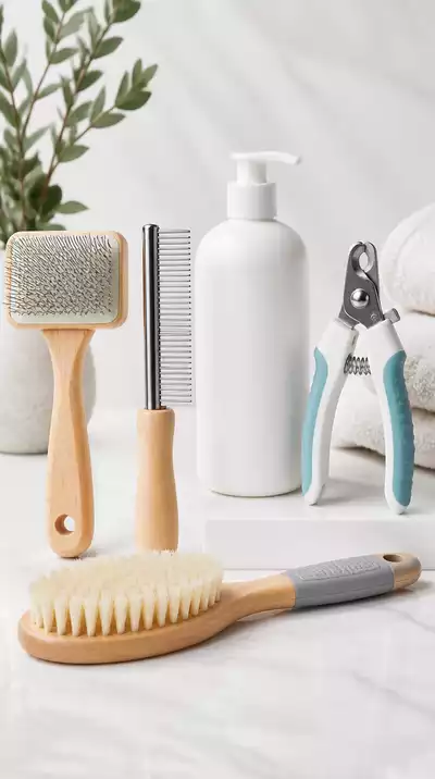 Variety of dog grooming tools on a clean surface