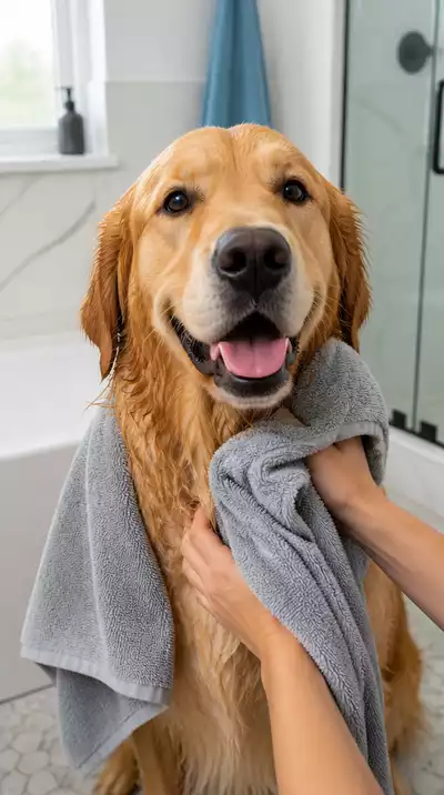 Happy dog being gently dried with a microfiber towel