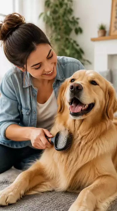 Happy active dog enjoying a grooming session with its owner, showing a strong bond, natural lighting, no text, no words, no typography, clean image