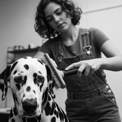 Close-up of a dog being gently brushed with a slicker brush, showing a calm expression
