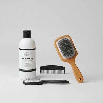 Assortment of dog grooming products like shampoo, brush, and comb on a clean background