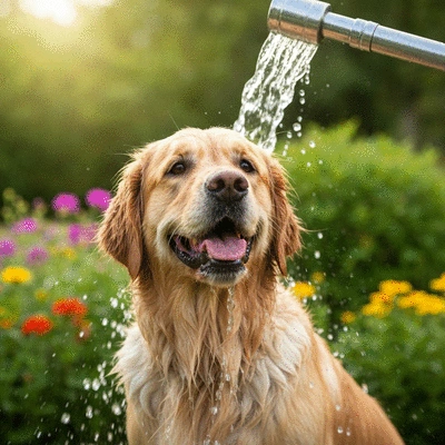 Dog getting bathed outdoors with shampoo