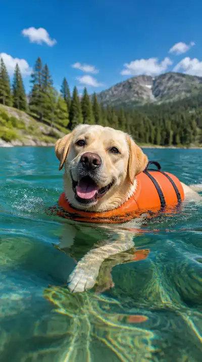 Happy Labrador Retriever swimming in a lake with a life jacket