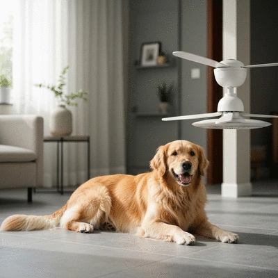 Happy dog laying on a cool tile floor or near a fan in a comfortable, cool home environment, no text, no words, no typography, 8K