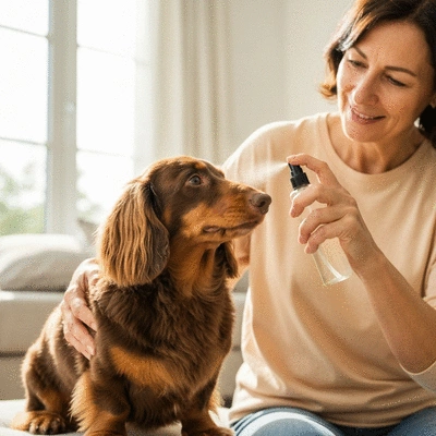 Person spraying a happy dog with a homemade freshness spray