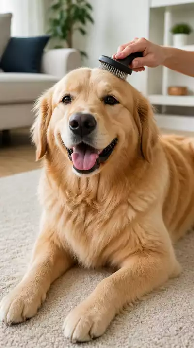 Happy dog being brushed by owner