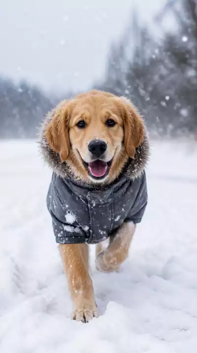 Dog wearing a cozy winter coat on a snowy walk