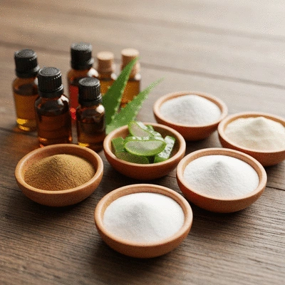 Close-up of various natural ingredients like essential oils, baking soda, and aloe vera in small bowls, arranged on a rustic wooden surface, with soft natural light, no text, no words, no typography, 8K
