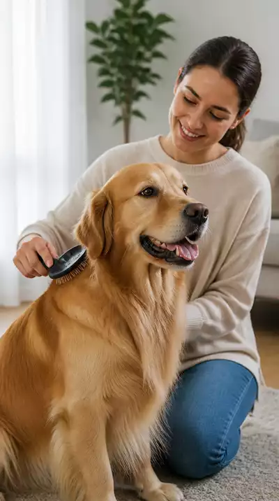 Dog being gently brushed by owner, showing a clean, healthy coat