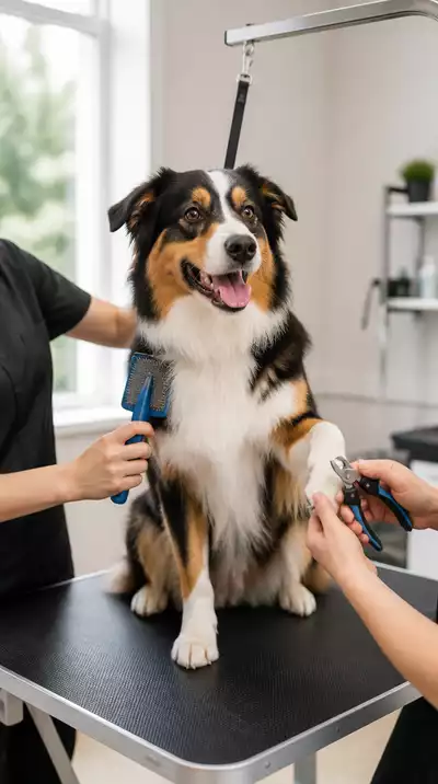 Active dog being groomed with a brush and nail clippers on a clean grooming table, natural lighting, no text, no words, no typography, clean image