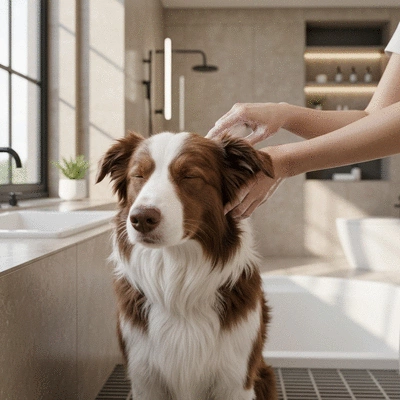 Dog being gently bathed with dog-specific shampoo in a clean, modern bathroom