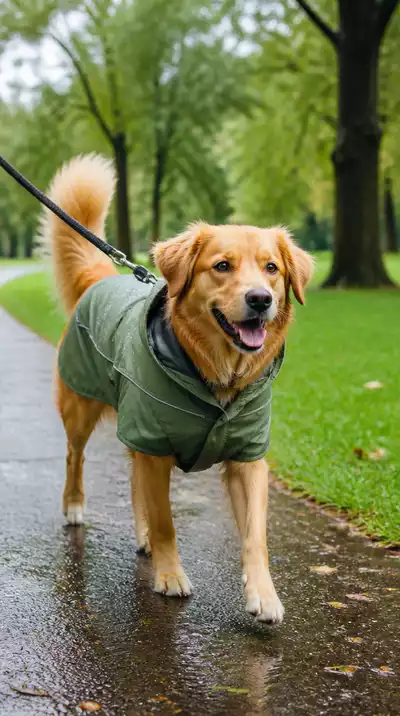 Dog wearing a waterproof raincoat in a park