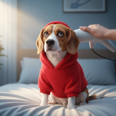 Anxious dog wearing a Happy Hoodie during a gentle blow-drying session
