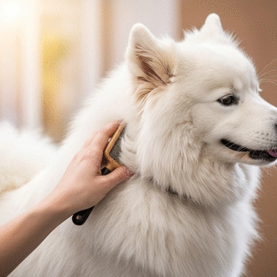 Dog being groomed with a brush, showing a clean, well-maintained coat