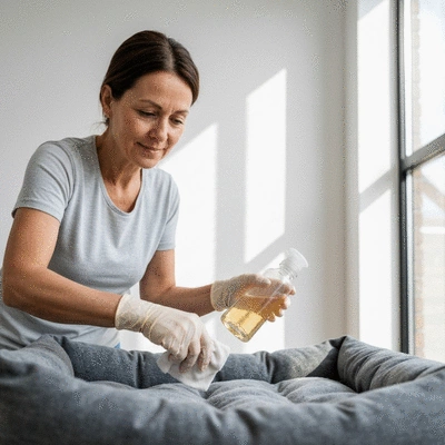 Dog owner cleaning dog bedding with natural products