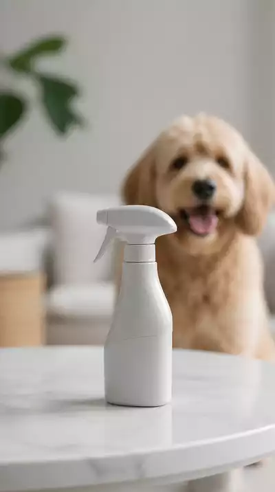 Dog odor control spray bottle with a happy dog in the background