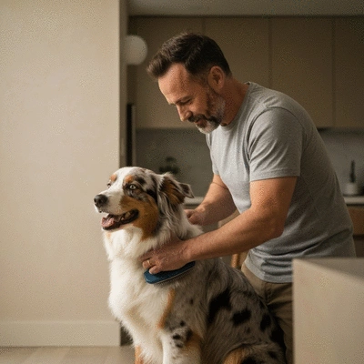 Happy dog being gently brushed by owner