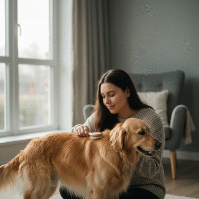 Person gently brushing a dog's fur at home, creating a bonding moment