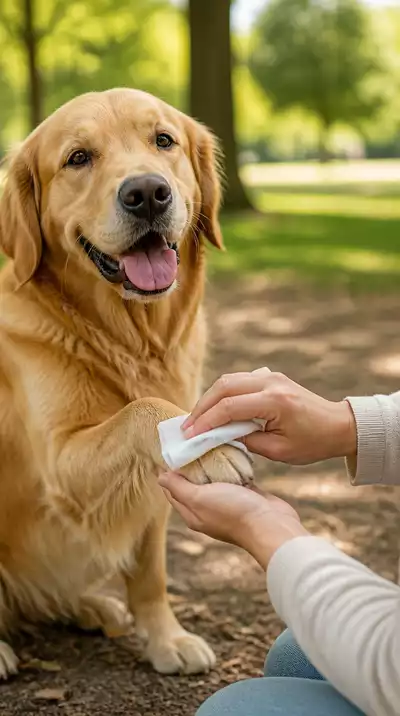 Hand gently wiping a dog's paw with a deodorizing wipe, outdoor setting, no text, no words, no typography, clean image
