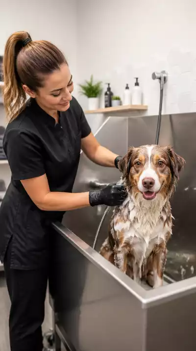 Professional groomer bathing a dog