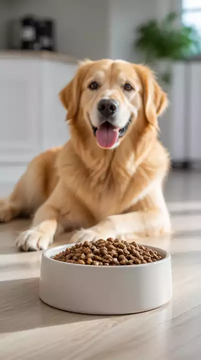 High-quality dog food in a bowl next to a happy dog