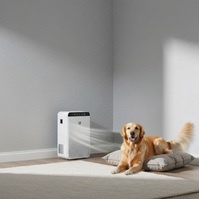 Modern air purifier running in a clean living room with a happy dog relaxing nearby