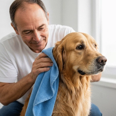 Golden Retriever being gently towel-dried by an owner with a microfiber towel