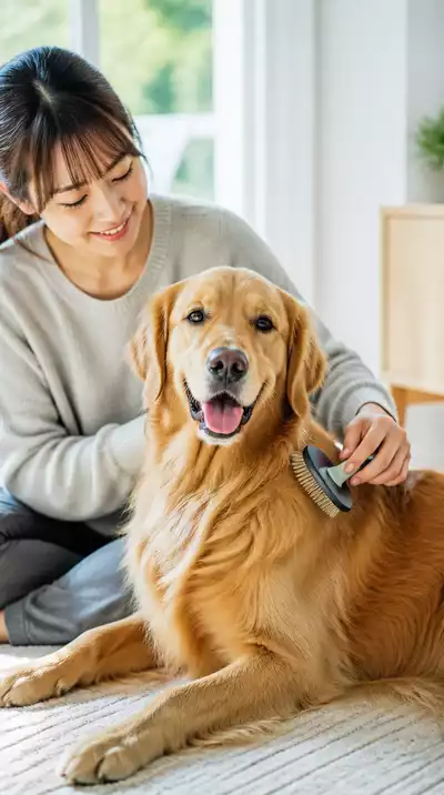 Dog being brushed by owner, showing a strong bond
